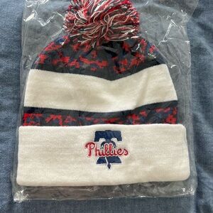 Kids Phillies Striped Beanie with Pom-Pom - Navy, Red, White